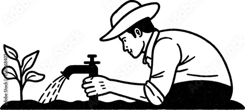Farmer watering seedling with hand pump in vintage sketch style for agricultural design