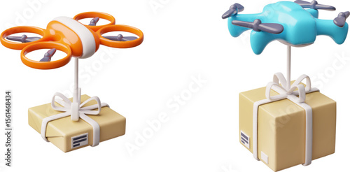 Drone courier order delivery service 3D vector icons set, realistic wireless quadcopter flying with parcel cardboard box