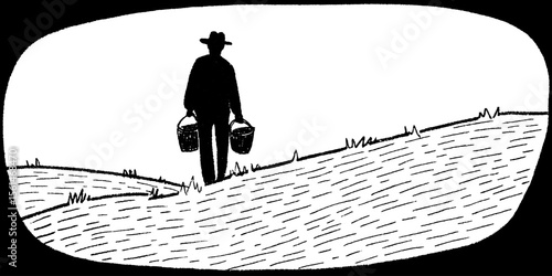 Farmer walking home at dusk with empty buckets sketch for rustic design