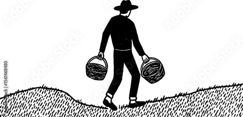 Rural evening scene of farmer walking home with baskets at dusk