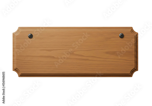 An empty wooden plaque mockup features light brown wood grain texture and two screws on a transparent background ready for custom text.