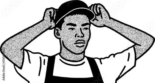 Fast food worker adjusting cap sketch with textured details for design projects
