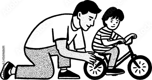 Father teaching a child to ride a bike sketch - family bonding and learning