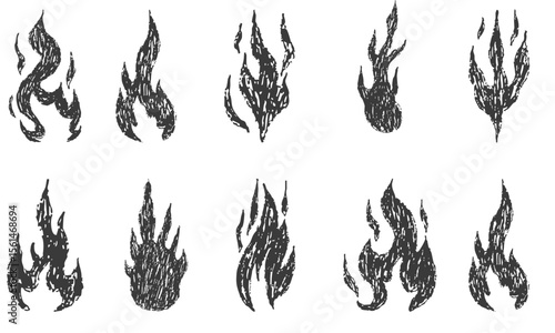 Fire flame icon.pray fire symbol. Doodle y2k flame. Hot crayon texture grafitti. Heat shape, abstract stroke, sketch tattoo Brush grunge illustration. Crayon vector paint logo .Graphic background