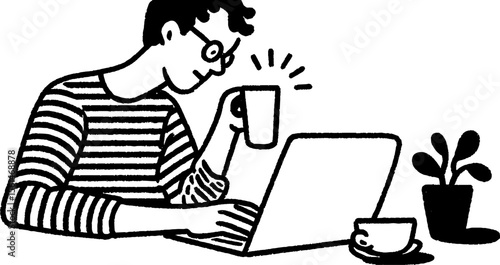 Freelance writer working on laptop with coffee cup and plant