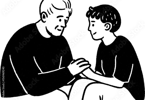 Grandfather teaching grandchild hand sketch for educational theme