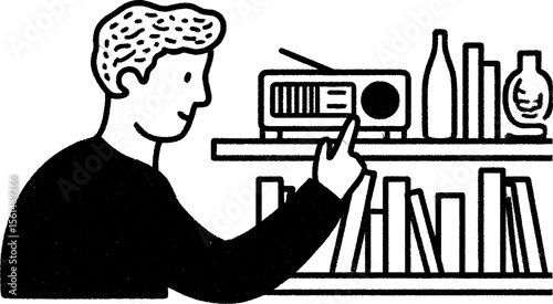 Grandfather adjusting vintage radio on bookshelf diorama
