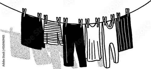 Vintage sketch of grandmother hanging laundry on a line - nostalgic home scene