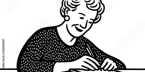 Elderly woman journaling sketch with black and white drawing style