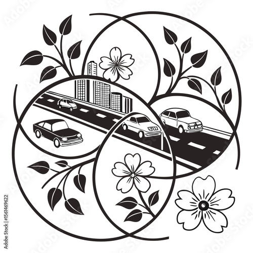 Illustration of a woman hanging clothes with chemical and plant elements in circular designs nearby it