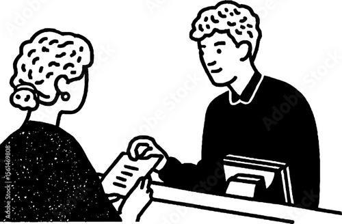 Hotel check-in scene with receptionist and guest interaction for hospitality design