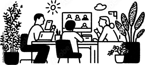 Hybrid workspace with virtual participation sketch featuring office environment and remote collaboration