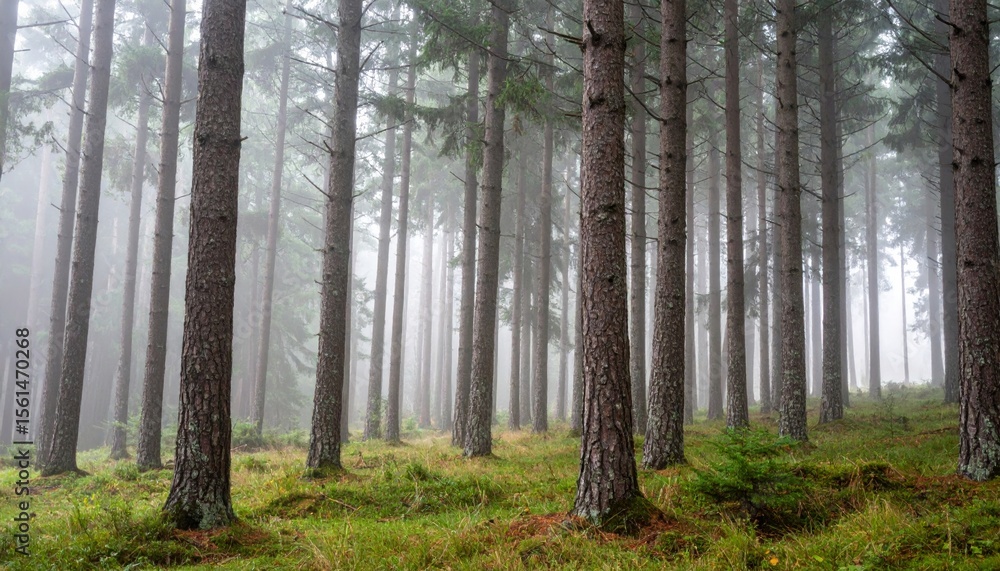 Foggy Morning in Ancient Pine Forest Foggy Morning in Ancient Pine Forest