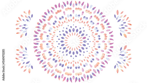 Watercolor mandala with radial arrangement of teardrop shapes in pink, purple, and peach hues design