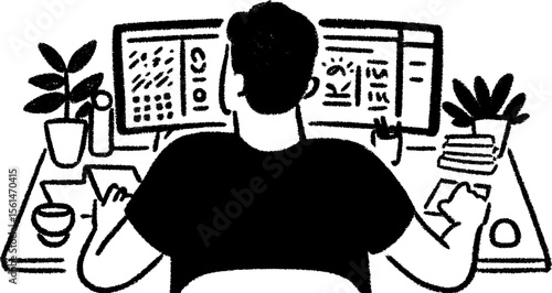 Motion designer editing frames on dual monitors in creative workspace sketch