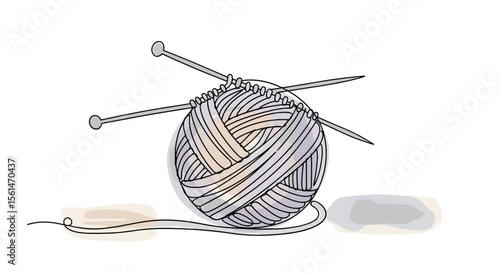 Yarn ball and knitting needles – one-line doodle drawing with watercolor fill, minimal vector on white