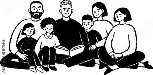 Multigenerational family gathering sketch with smiling members sharing a story