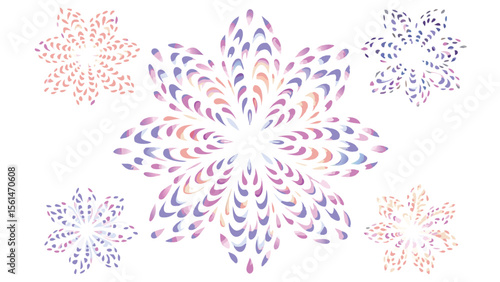 A collection of five floral designs with watercolor textures in purple pink and orange hues on white background