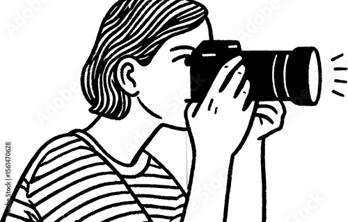 Artistic interpretation of a photographer adjusting camera and lighting in monochrome sketch