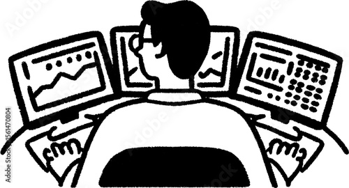 Financial analyst monitoring market trends with multiple screens