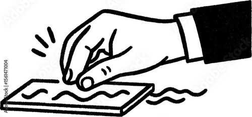 Hand sketch of a person depositing a check at a counter – financial transaction art