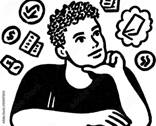 Contemplative sketch of a person with gold and commodity symbols for financial concepts