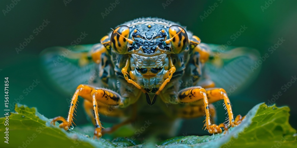 Fototapeta premium A cicada sits on a green leaf, showcasing its intricate details in a macro shot