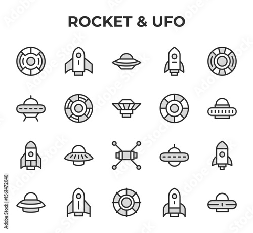 Rocket UFO Icon Set Space Exploration Alien Spaceship Flying Object Technology Discovery