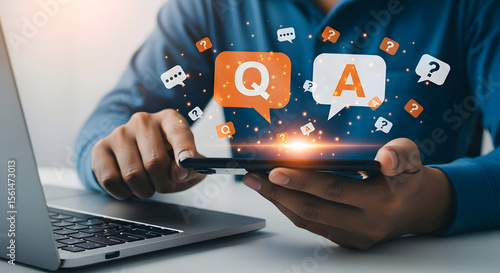 Man using smartphone with Q&A icons and speech bubbles, symbolizing online support, customer service, or interactive learning.