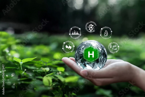 Crystal globe with Clean hydrogen energy concept and H2 for Sustainable Environment. eco-friendly industry and Climate.alternative energy in future for net-zero and Reducing greenhouse gas emissions