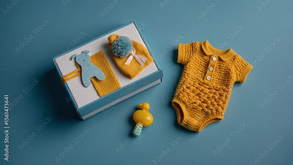 Obraz premium Yellow Knitted Baby Romper with Gift and Pacifier on Blue Background