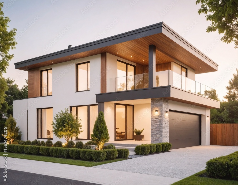 Modern two-story house with sleek design, showcasing large windows, a stone accent wall, and a spacious balcony. Modern two-story house with sleek design, showcasing large windows, a stone accent wall, and a spacious balcony.