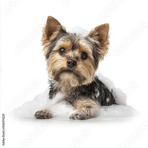 Adorable Yorkshire Terrier Taking a Bath , PNG isolated cut out image