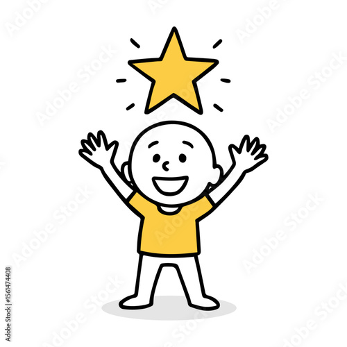 Joyful Child with Raised Arms and Yellow Star. Happy Kid Stick Figure Simple Line Art Hand-Drawn Vector Illustration