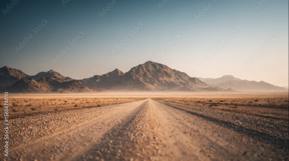 Fototapeta premium Vast desert landscape with mountains and long dirt road under clear sky.