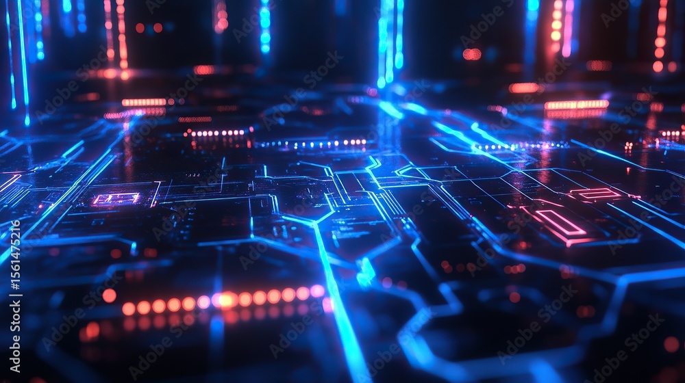 Futuristic Digital Circuit Board with Neon Blue and Red Lights
Futuristic Digital Circuit Board with Neon Blue and Red Lights