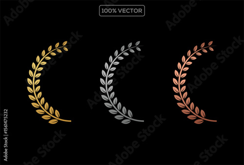 Gold award laurel wreath and set of different golden, silver, and bronze laurel wreaths vector illustration. 02