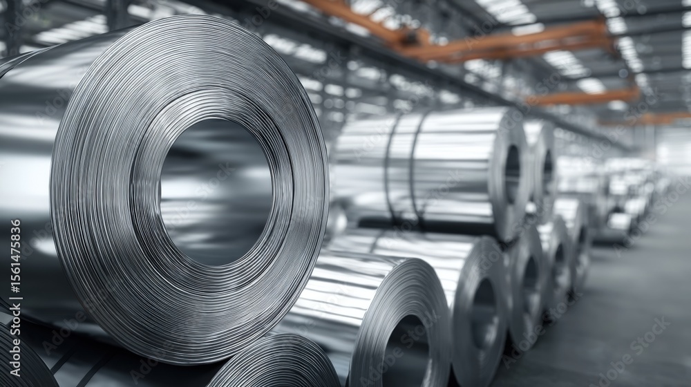 Fototapeta premium Large stainless steel coils stacked in industrial warehouse with overhead crane.