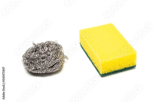 sponge and steel wool isolated on white background. kitchen cleaning or dish washing supplies.