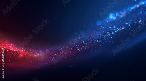 Abstract wave of particles and dots on a dark blue background, with a glowing effect and a red glow of light. A blue gradient background with bokeh lights, suitable for a banner design. An abstract 