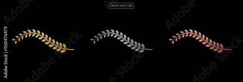 Gold award laurel wreath and set of different golden, silver, and bronze laurel wreaths vector illustration. 05