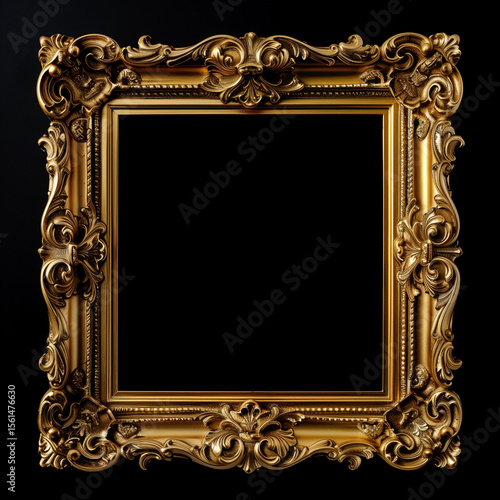 A luxurious gold ornate frame with intricate carvings and a dark center on a black background shot in studio