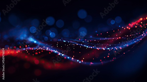 Abstract wave of particles and dots on a dark blue background, with a glowing effect and a red glow of light. A blue gradient background with bokeh lights, suitable for a banner design. An abstract 