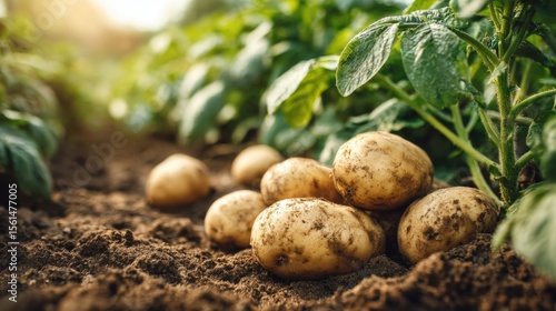 Freshly harvested potatoes growing in garden soil with vibrant green leaves and natural sunlight.