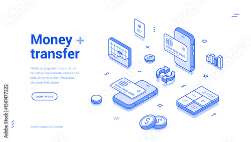 Online banking card money transfer mobile app outline isometric web banner design template vector illustration. Internet financial currency cashless transaction shopping payment landing page
