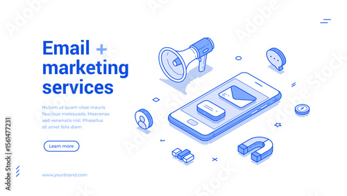 Email marketing service social media internet advertising outline isometric web banner design template vector illustration. Internet promo public announcement electronic mail message landing page