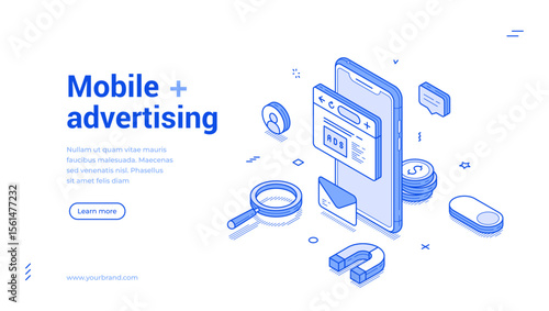 Mobile advertising internet digital marketing outline isometric web banner design template vector illustration. Social media network promo advertisement online business technology landing page