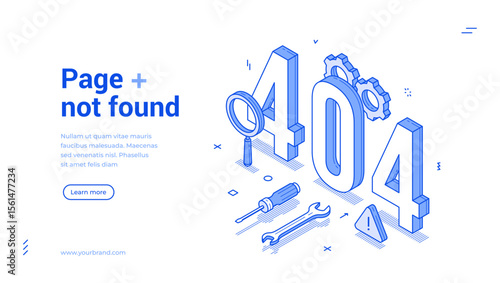Page not found 404 error under construction outline isometric internet banner design template vector illustration. Connection mistake message online technical support information landing page