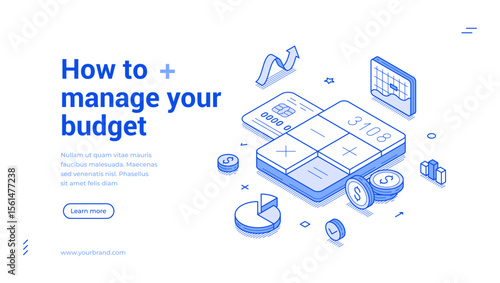 Budget balance planning management accounting outline isometric web banner design template vector illustration. Financial banking money earnings expenses checking bookkeeping economy landing page