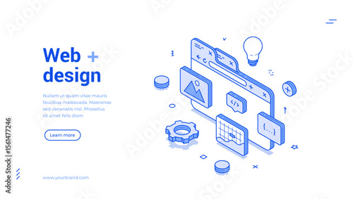Web design internet page creation programming outline isometric banner design template vector illustration. Online marketing coding technology data building settings control panel landing page